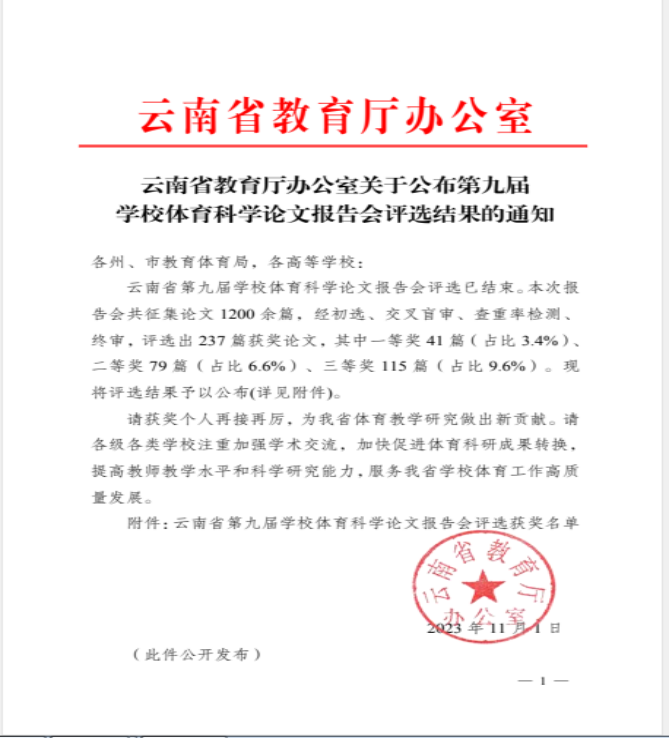 二等奖！我校教师学术论文在2023云南省第九届学校体育科学大会上荣获多个奖项 第 1 张